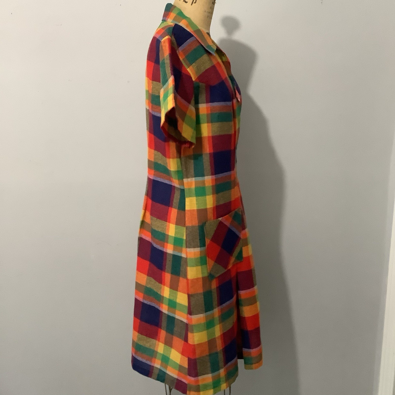 VTG 1960’s Colorful Plaid Cotton/Poly Dress Deadstock Mint With Tag XL B44”/W38”