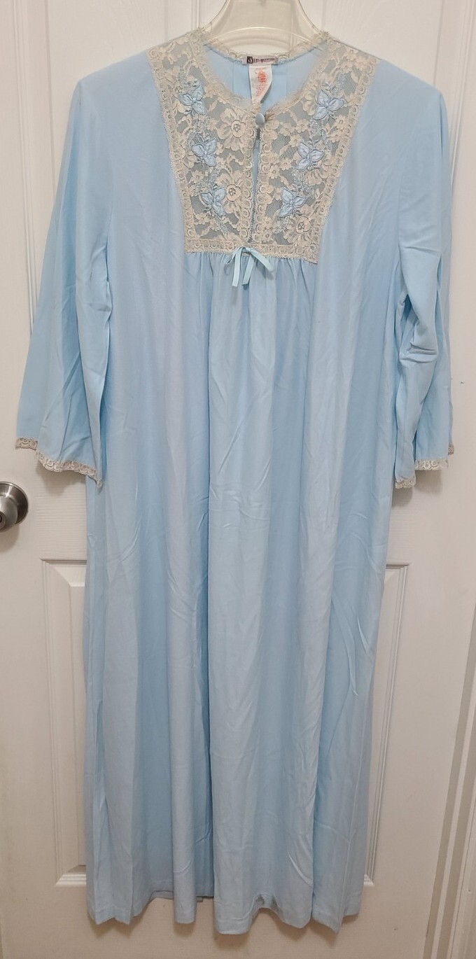 Vtg 50s 60s Macys Marchioness L/S Long Nightgown Lace Neck Blue Acetate Sz 38/40