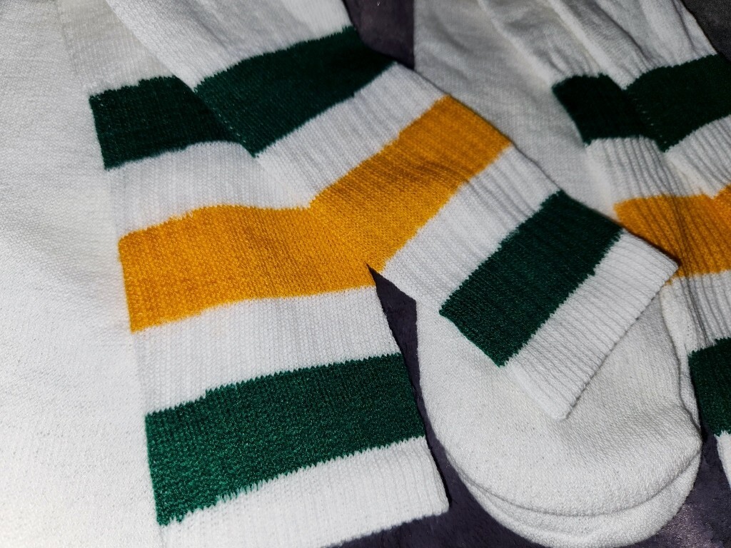 VTG 80&rsquo;s 2 Thick Stripe Tube Socks 23&Prime; long Standard Size Green Yellow White NOS