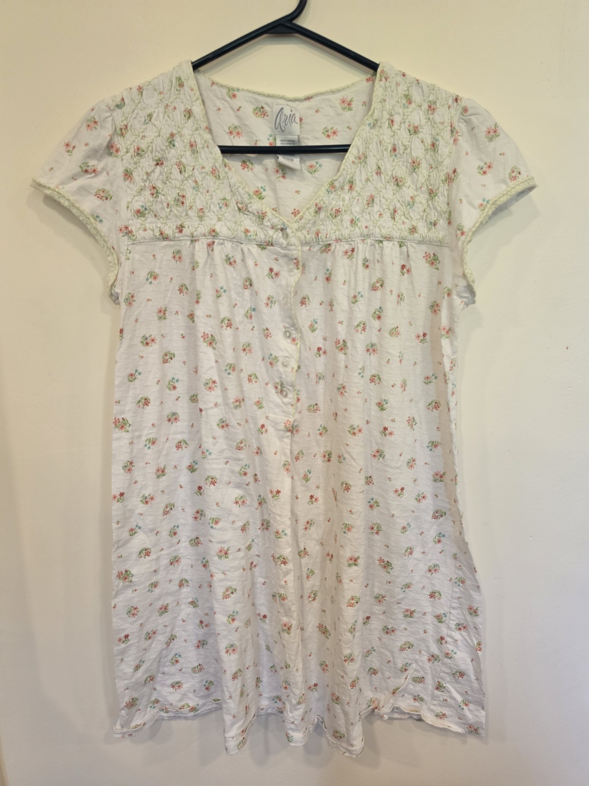 Vintage Aria Floral Cotton Nightgown Medium Smocked Cottagecore Coquette