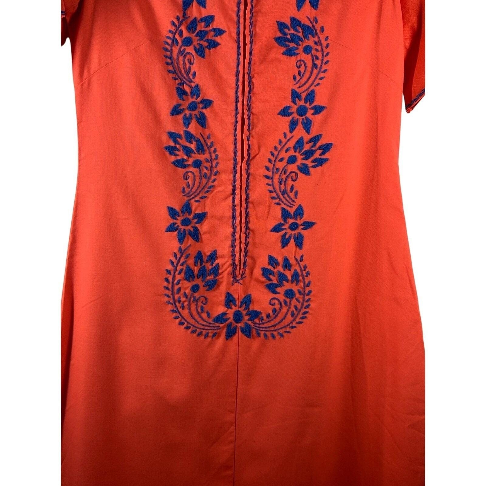 Wms Vintage Kaftan Maxi Dress Coral Blue Floral Embroidered Boho Unbranded