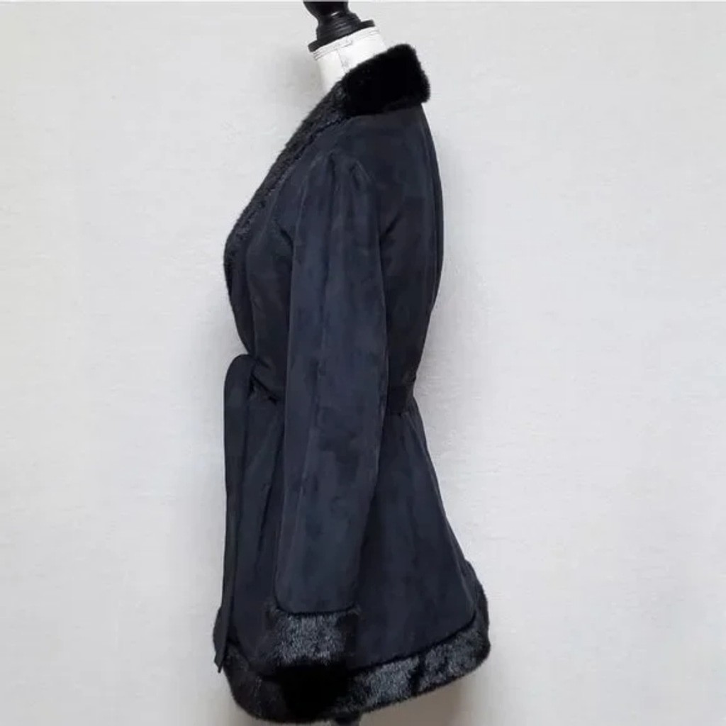80s Vintage Extra Point by Reference Point Black Faux Suede Faux Fur Belted Coat
