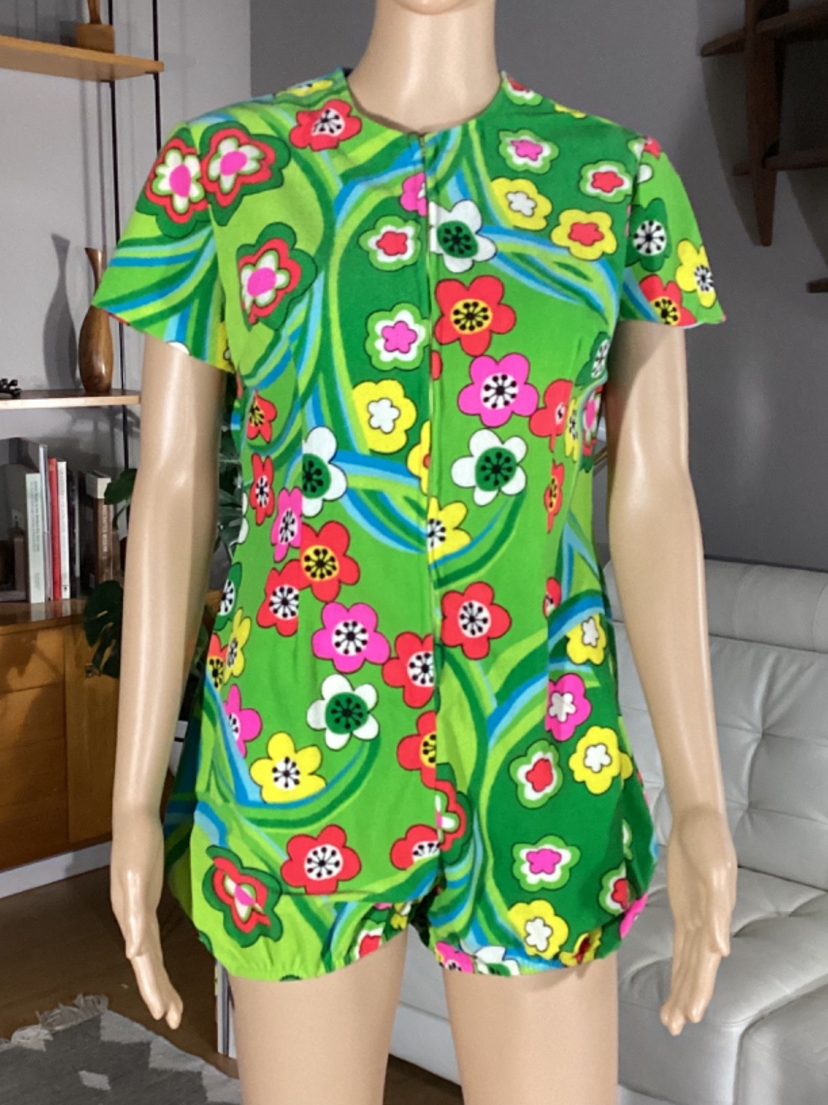 Vintage 1960s Beach Party Mod Go Go Bright Flower Power Playsuit Romper
