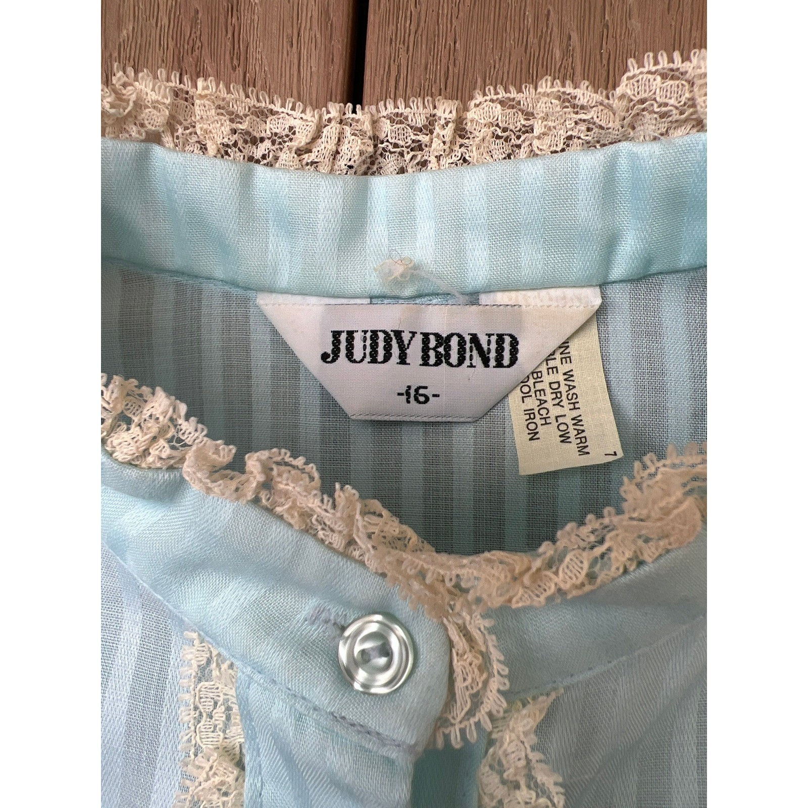 Victorian style blue striped long sleeve blouse lace accents made by Judy Bond