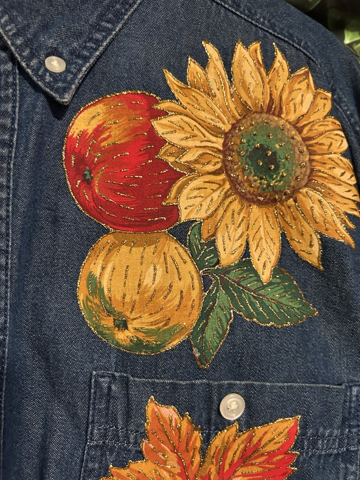 Rustler Handpainted Floral Denim Jean Shirt Fall Harvest Women’s Medium