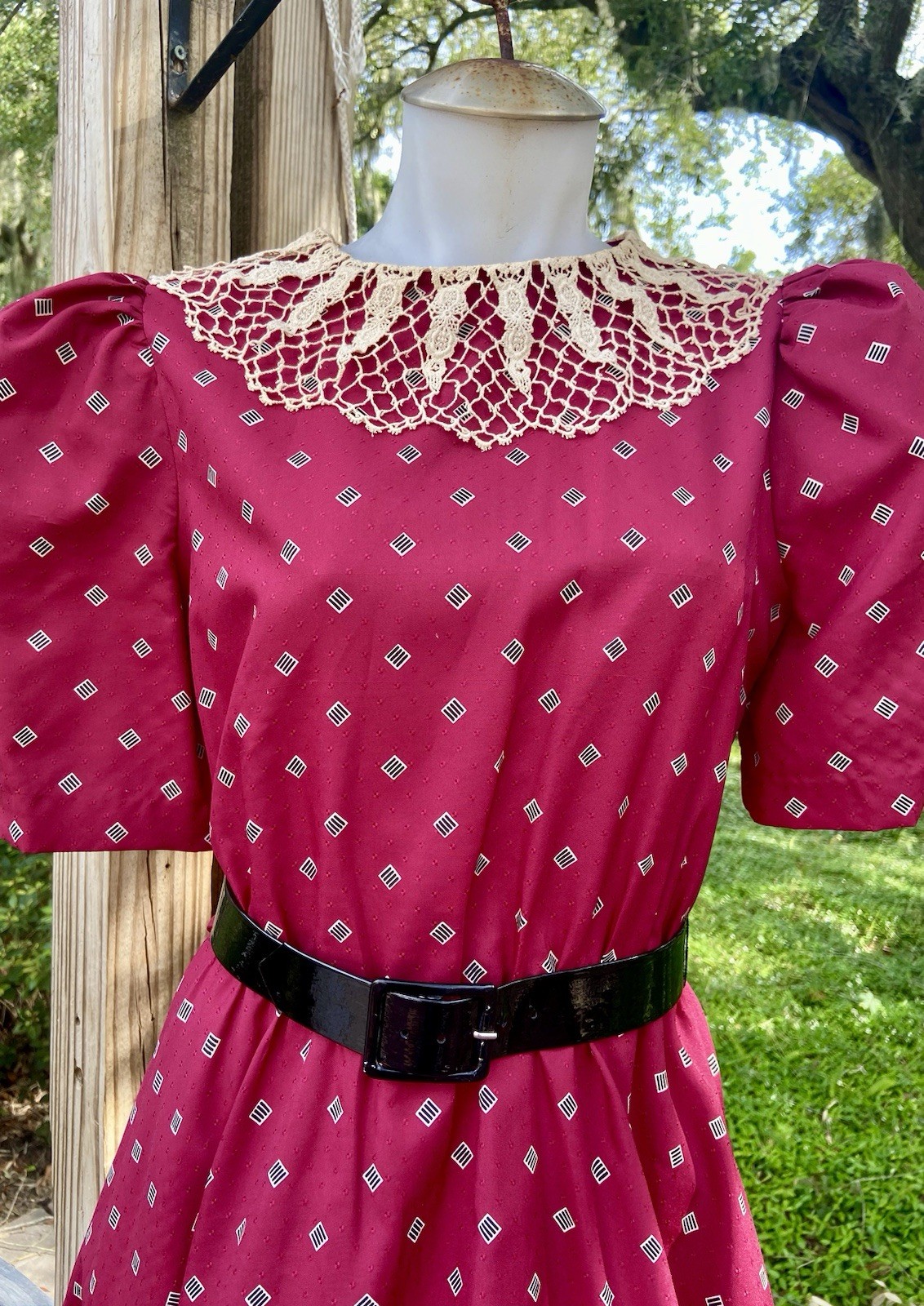 Vintage 70s Prairie Dress Jerell of Texas Burgundy Cottage Sz XS 0/2 Lace Collar