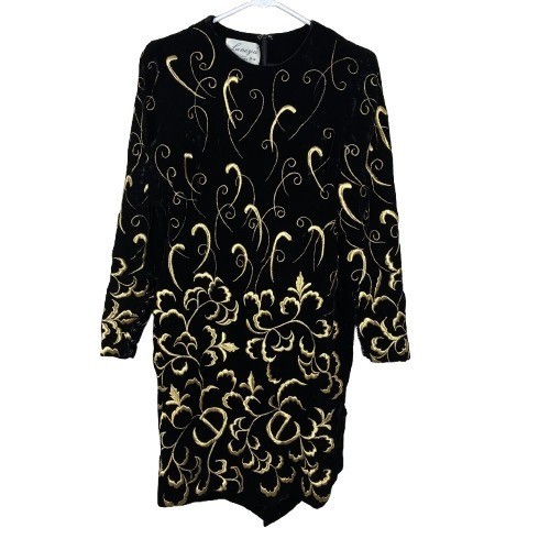 VTG 80s Laneyu Haute Couture Royal Quality Gold Embroidered Formal Dress Sz S