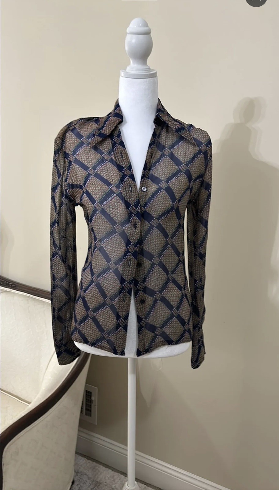 Vintage 1960-70s Dagger Collar Made In France Pierre D Alby Sheer Blouse