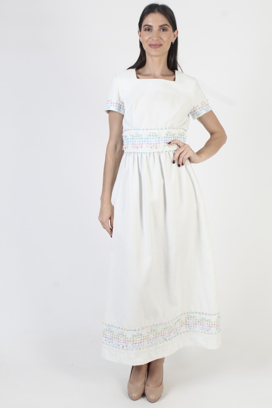 Vtg Lori Till Neiman Marcus Dress 70s Waffle Fabric Prairie Cottagcore Pastel