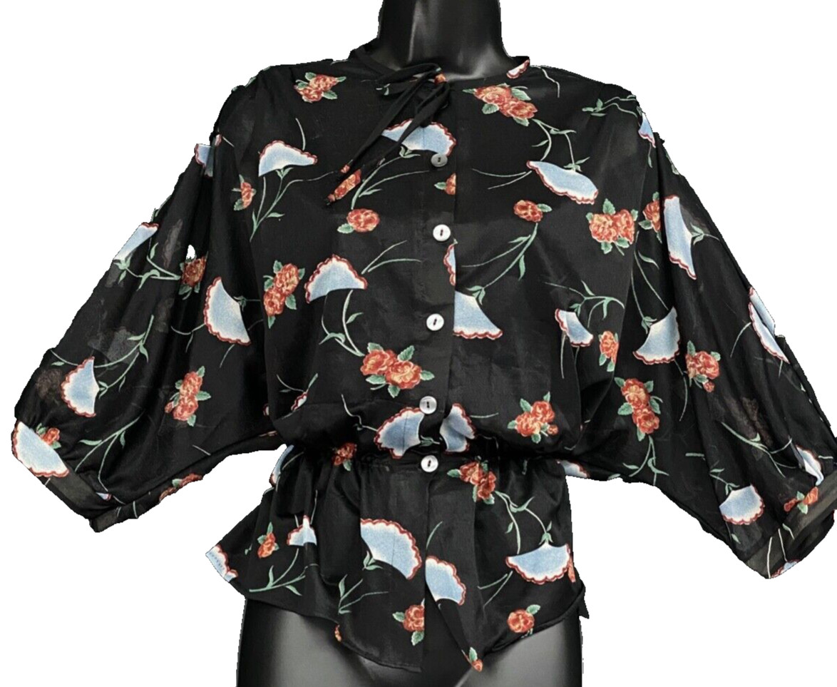 Vintage 1970s black floral peasant blouse, dolman sleeve deadstock shirt top M L