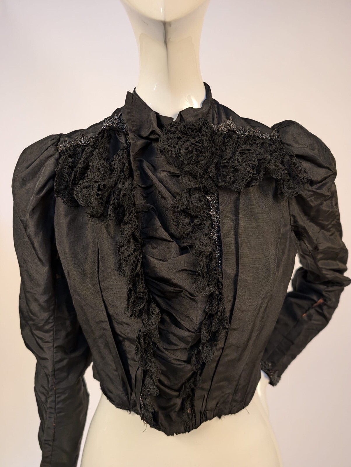 GOTHIC VICTORIAN 1890’S BLACK SILK BODICE W JET BEADING + LACE RUFFLES