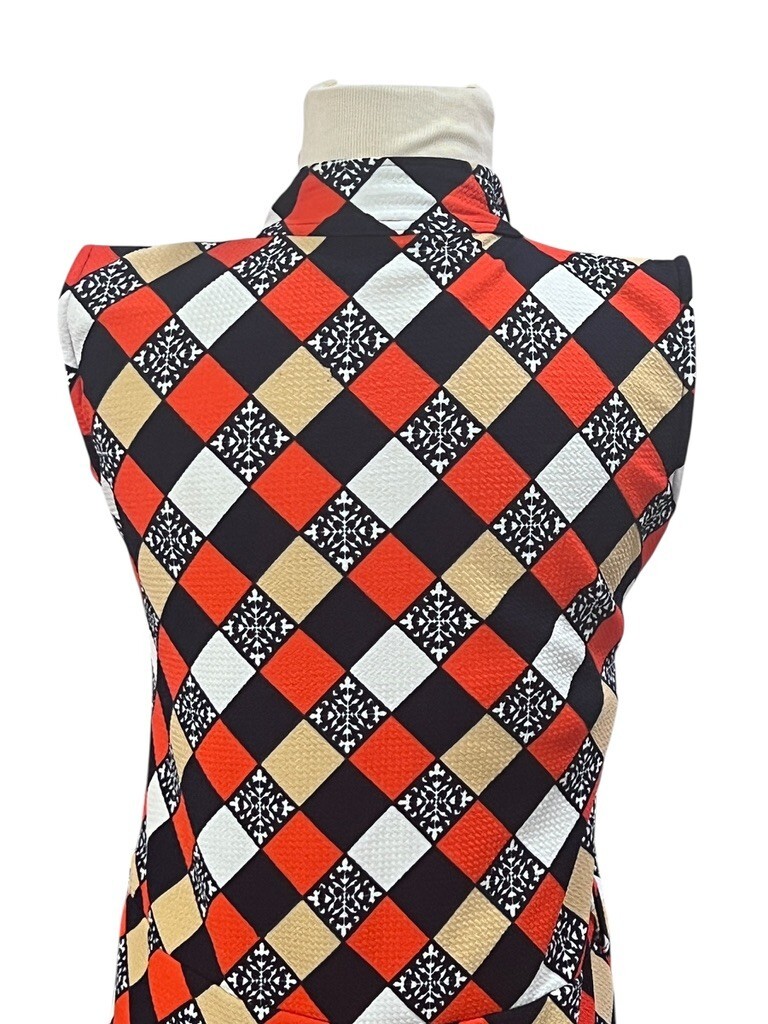 Vtg 70s Blue Orange White Motif Diamond Print Sleeveless Maxi Dress Groovy Cat