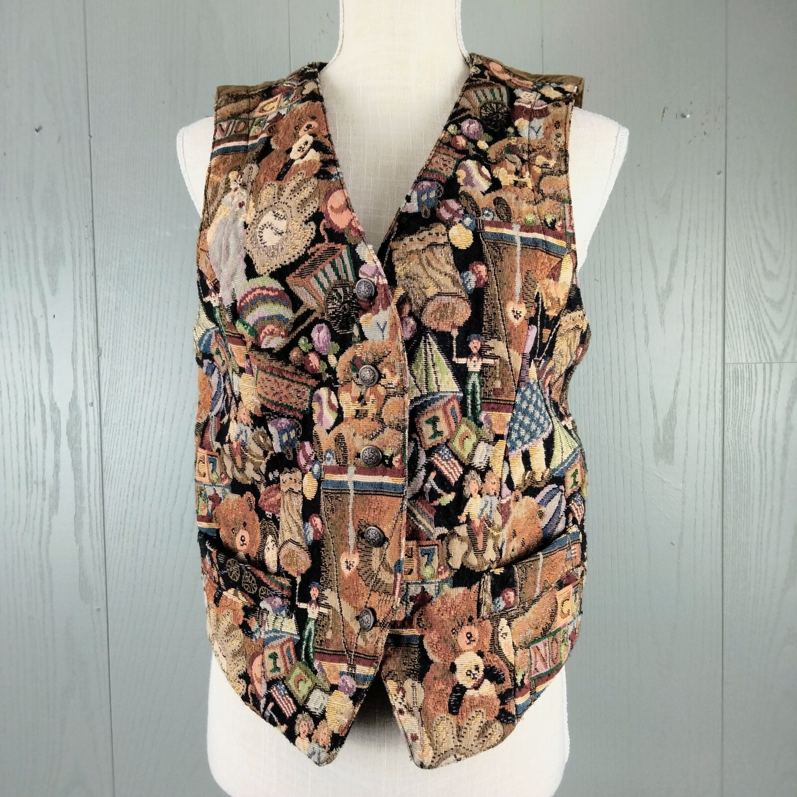 Vintage Teddy Bear Tapestry Vest Womens Small 90s Teacher Cottagecore Brown