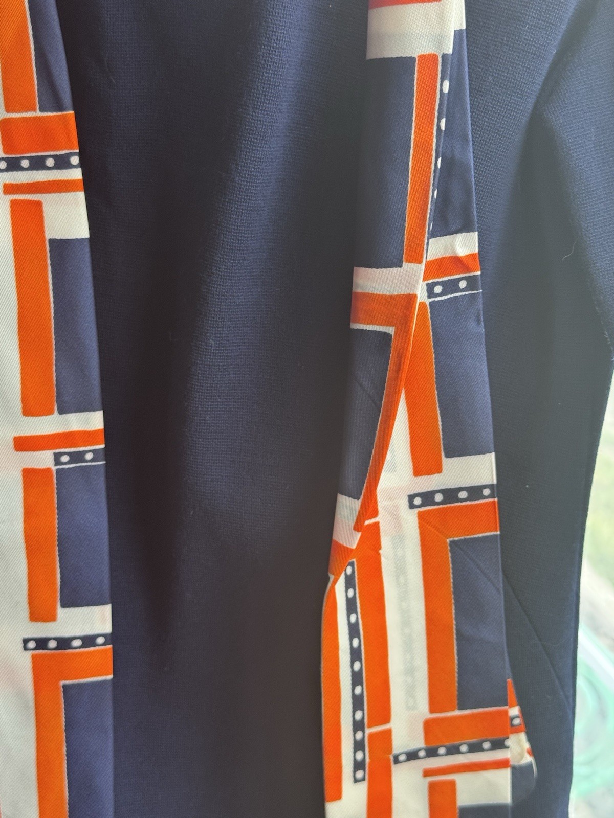 R & K Knits Navy Geometric Knit Long Sleeve Dress Scarf Tie Red White Orange