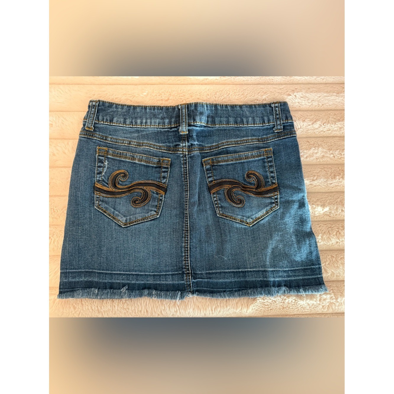 Vintage Candie&rsquo;s Y2K Denim Mini Skirt Raw Hem Embroidered Pockets