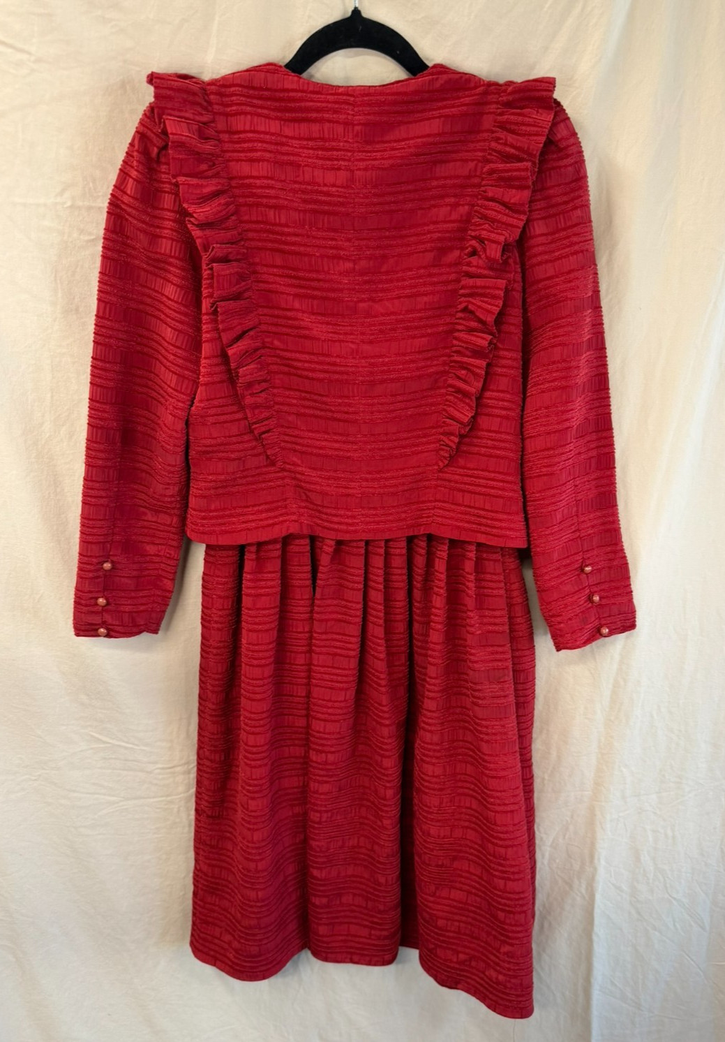 Vintage Red Skirt Suit W/Ruffled Jacket Distinct Horiz. Patt. Size 9 One Piece