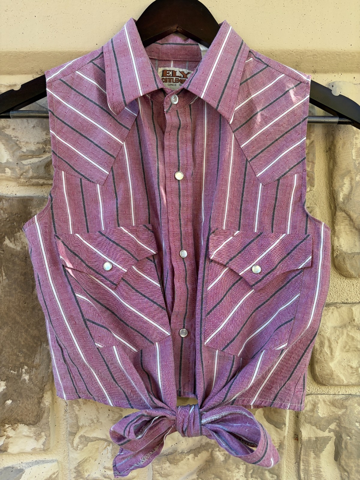 Vintage ELY Cattleman Sleeveless Western Shirt Pink Striped Snap Front Size 15