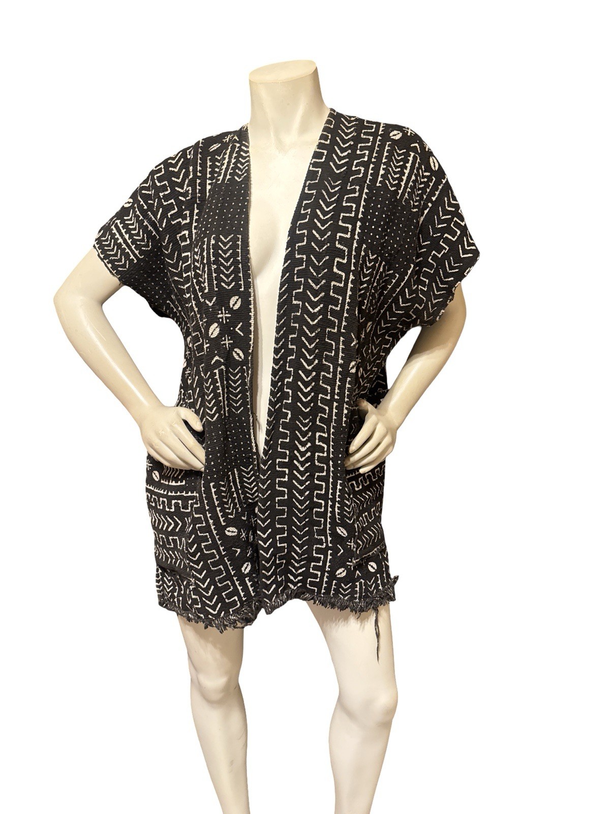 Mud Cloth Vest Kimono Jacket Black & Beige Pockets Sash Unisex Adults Tribal