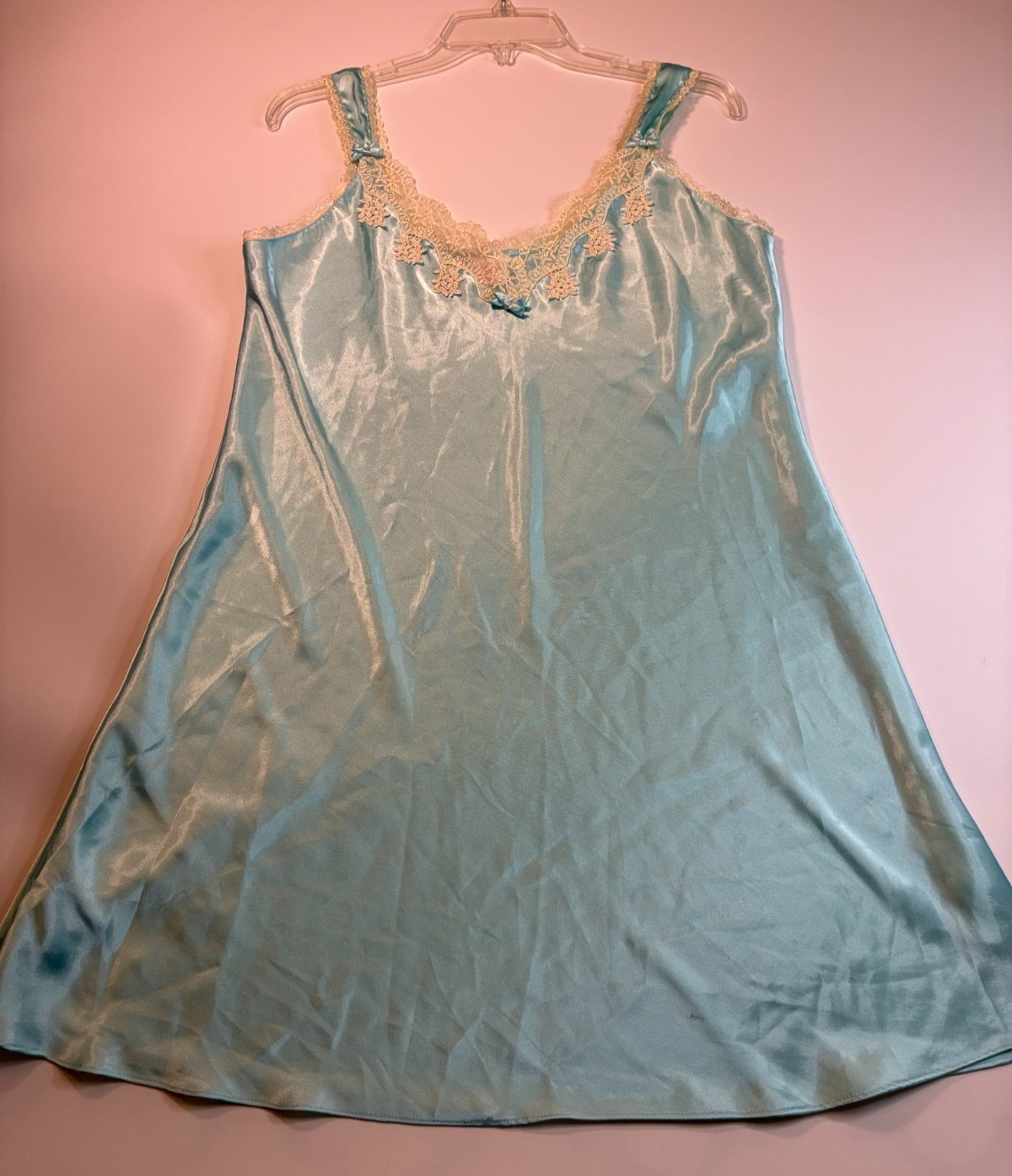 AQUA BLUE SLIP CHEMISE NIGHTGOWN Large Short Lace Flirty Nightie Liquid Satin