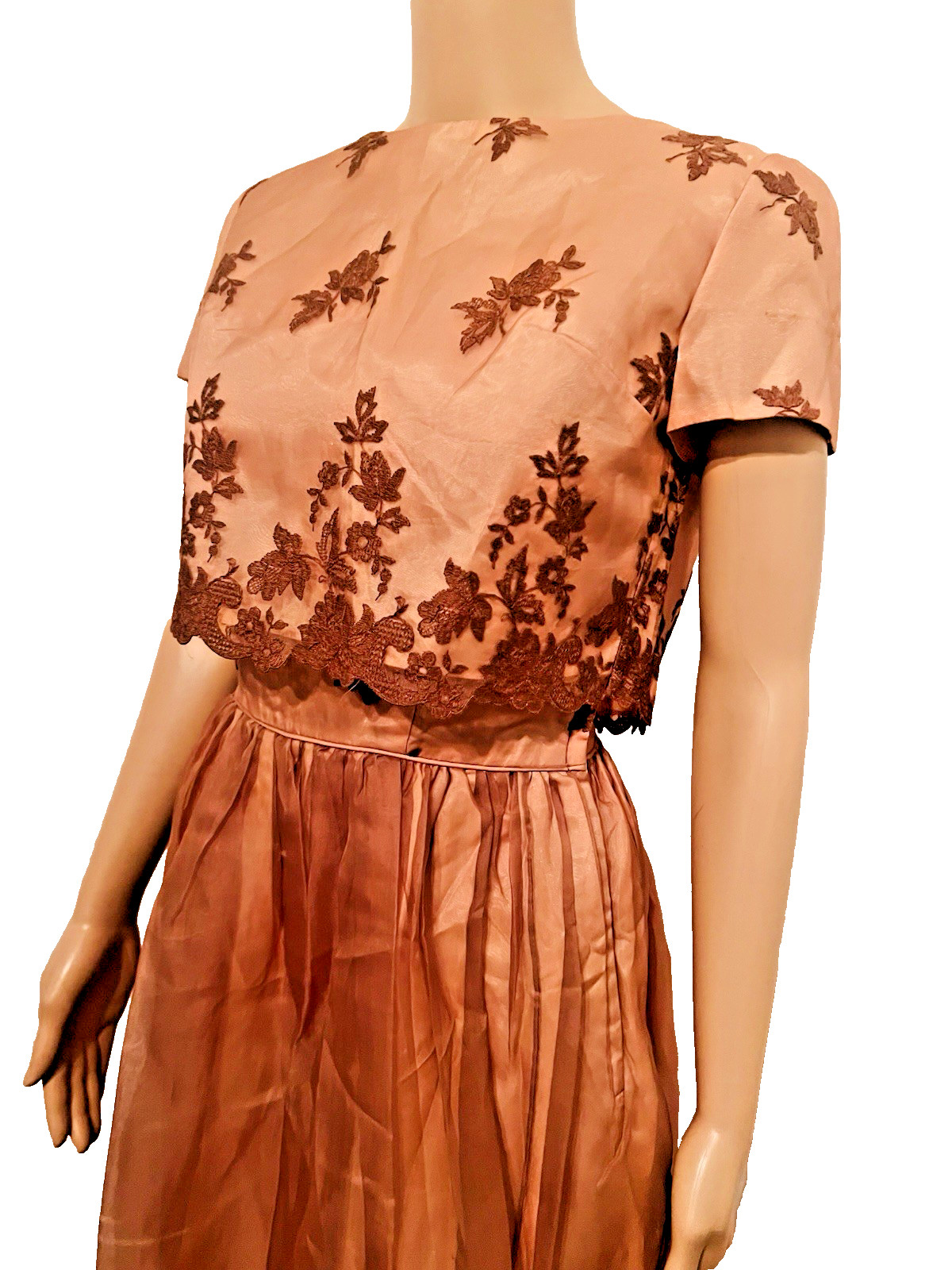 VTG 50s Nina 2pc Copper/Brown Cocktail Dress & Jacket Embroidered Floral Lace M*