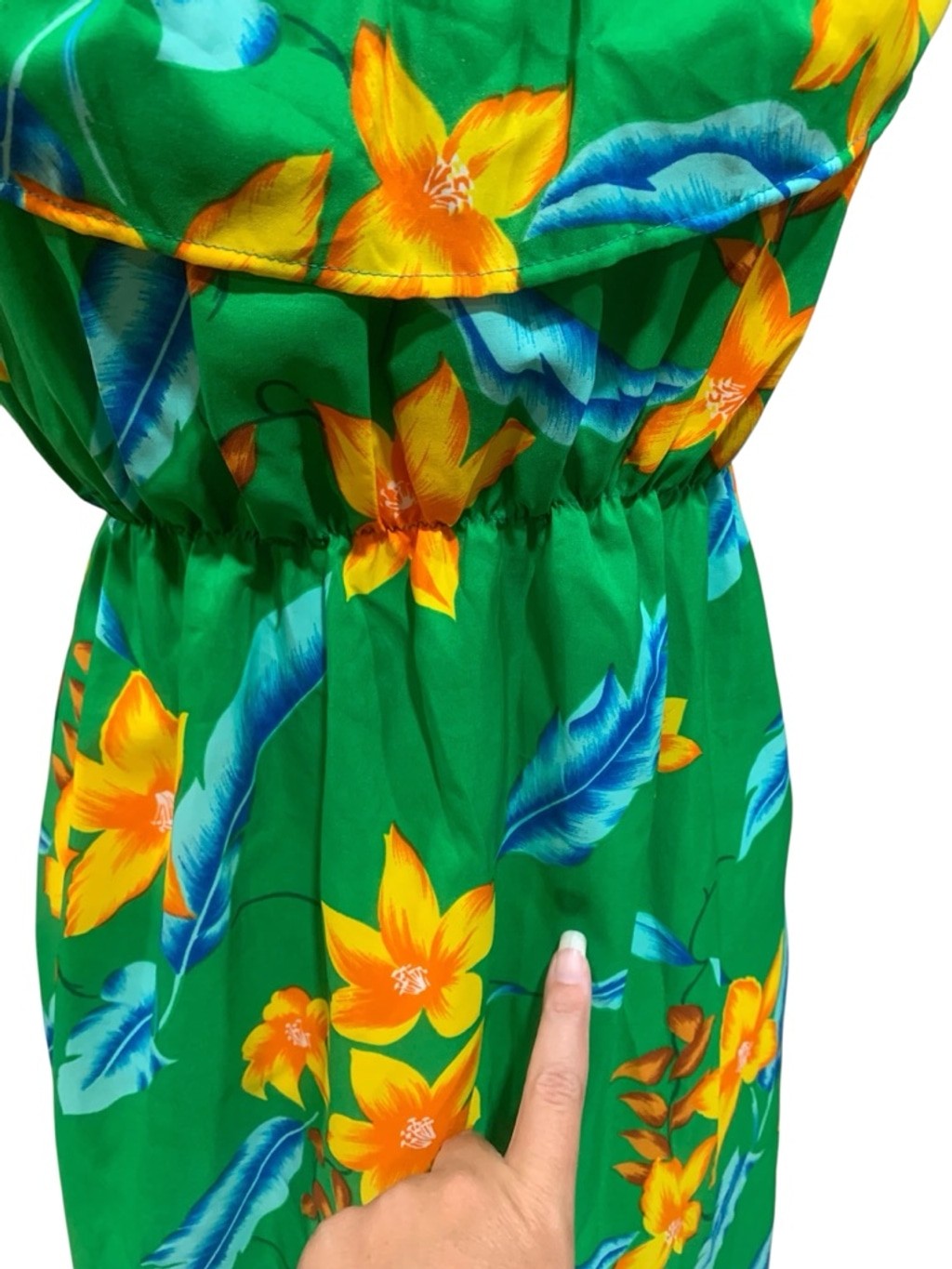 Vntg 70’s Women&rsquo;s POMARE KIDS Green Yellow Hawaiian Floral Maxi Dress sz S