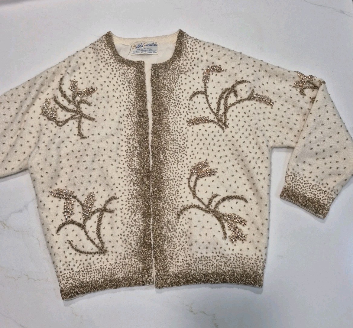 Vintage Miles Sweaters Hand Beaded Ivory Wedding Cardigan Lambswool Formal Rare