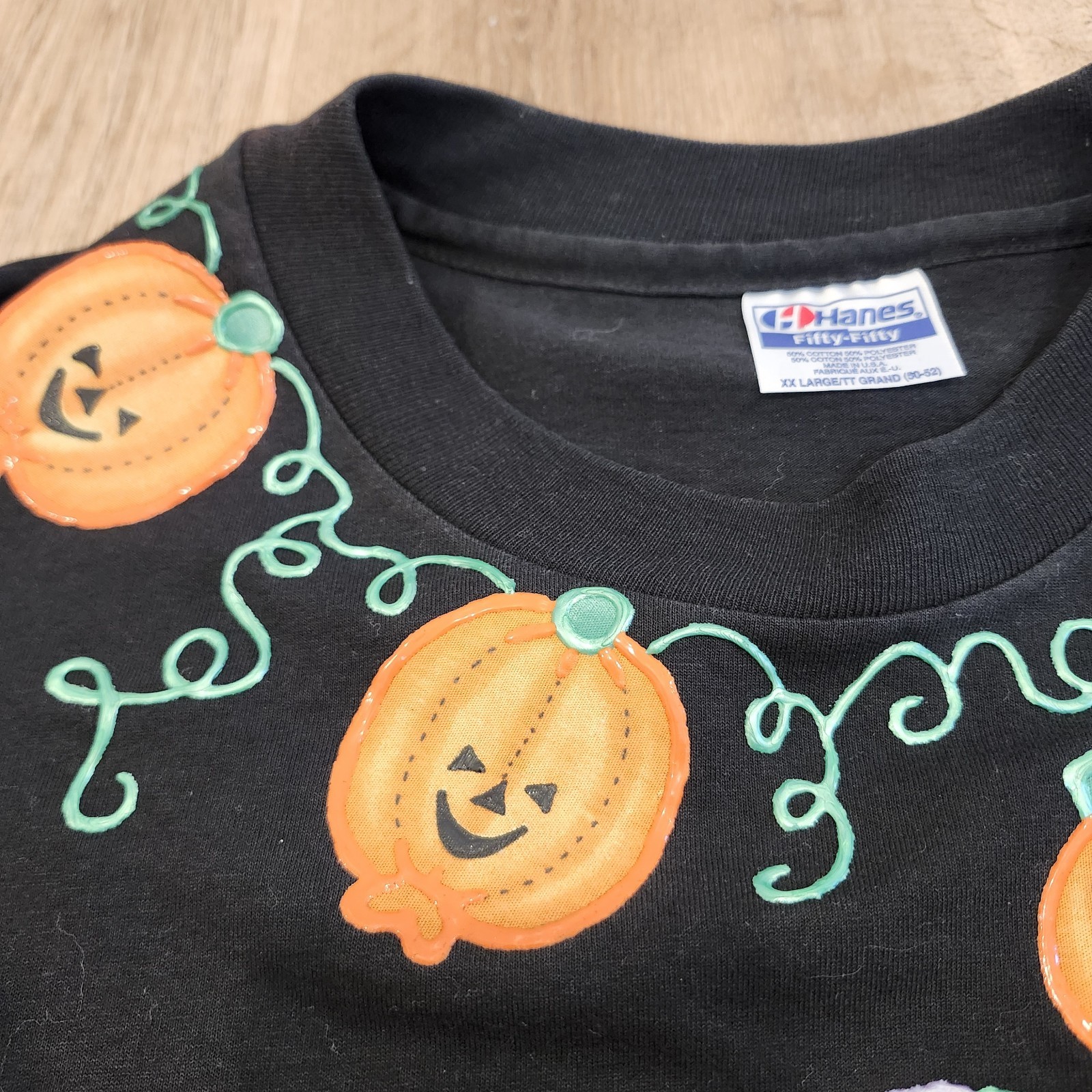 VTG Halloween Pumpkin Bear Puff Paint Single Stitch T-Shirt Sz XXL Hanes 50-50