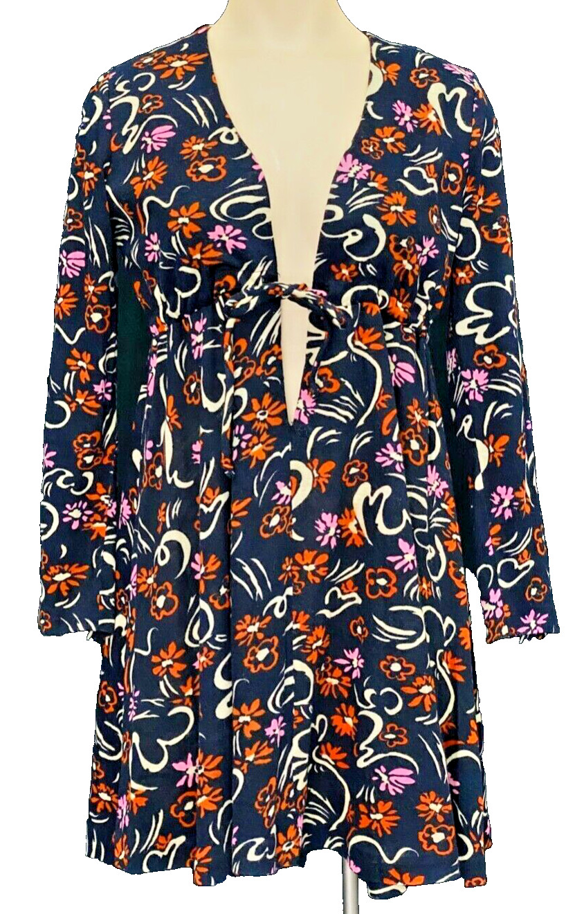 Vintage 1960s JOSEPH MAGNIN black mini dress tunic floral plunge long sleeve M