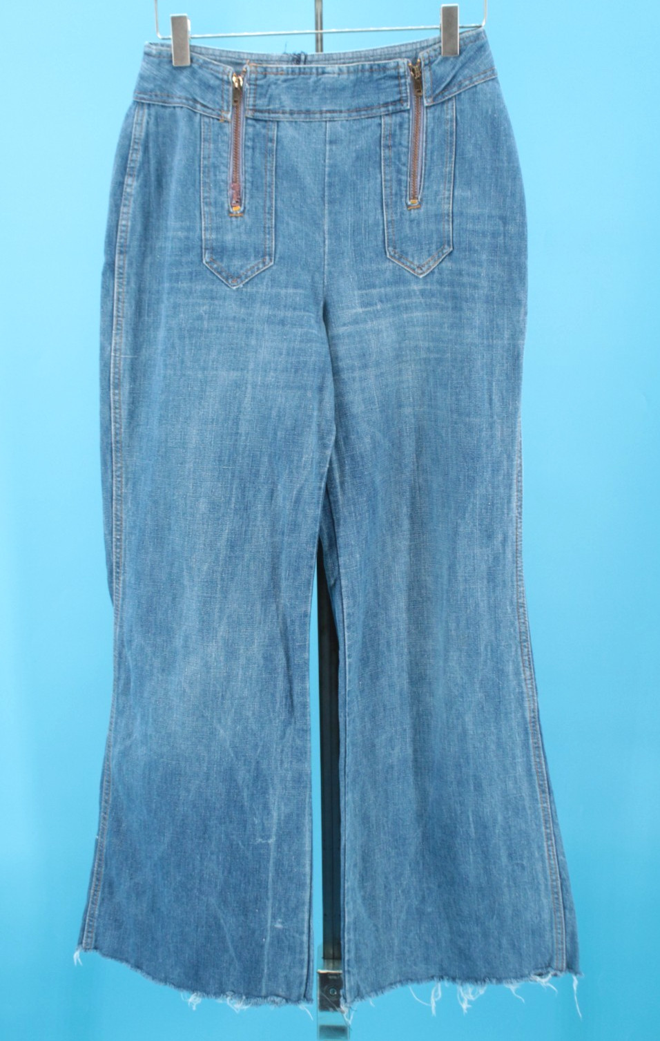 VTG Women&rsquo;s 70s Light Blue Denim Double Zipper Bellbottom Jeans Sz 28&Prime; 1970s