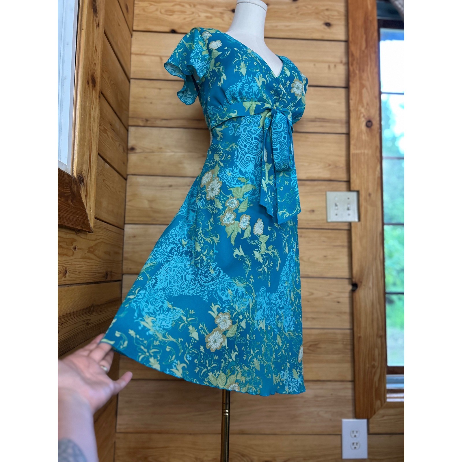 Vintage Faux Wrap Midi Dress Women Large Teal Blue Green Floral Jessica