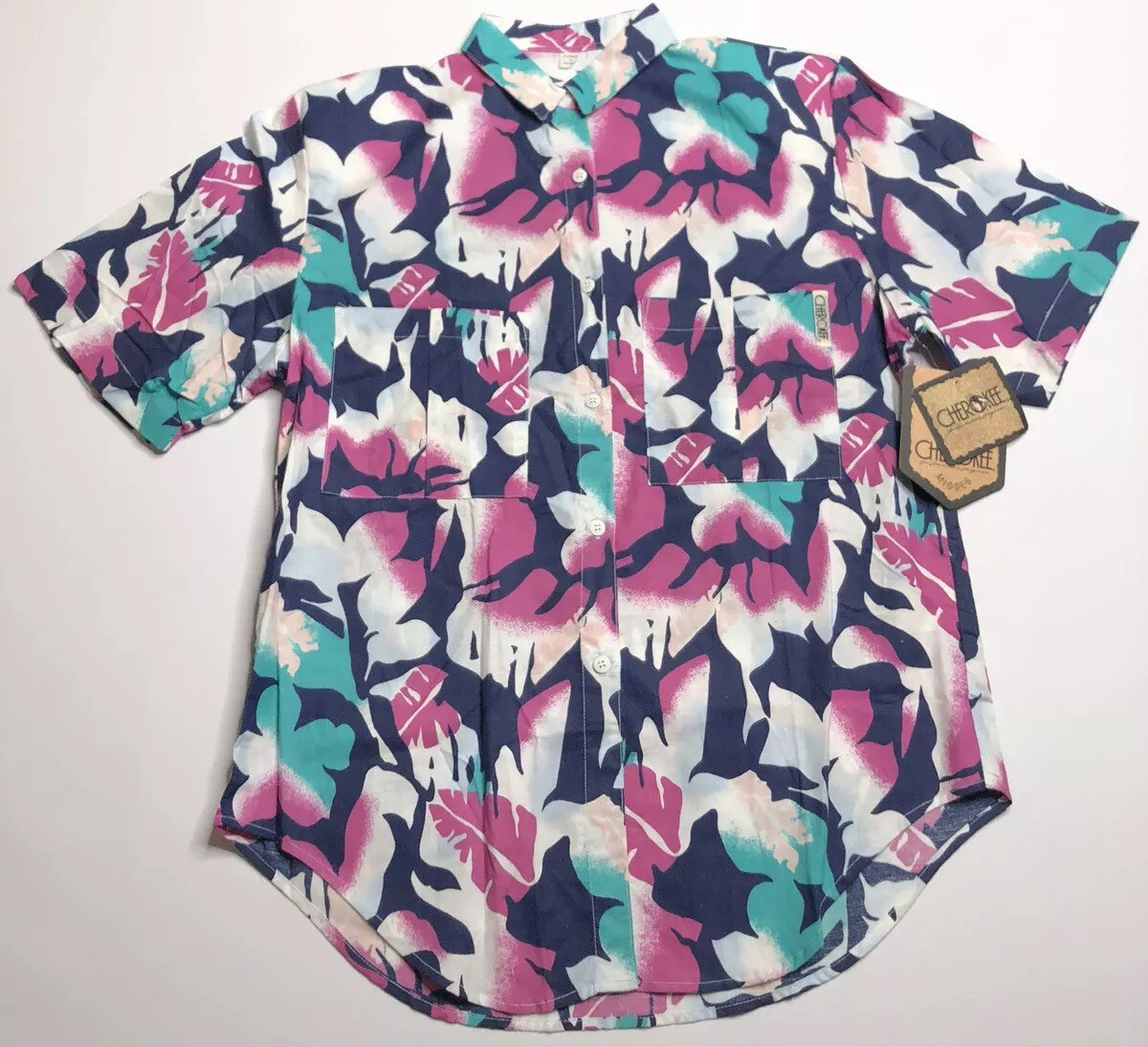 Vtg Cherokee Womens Medium Navy Blue Hawaiian Flower Hibiscus 80s 90s Dead Stock
