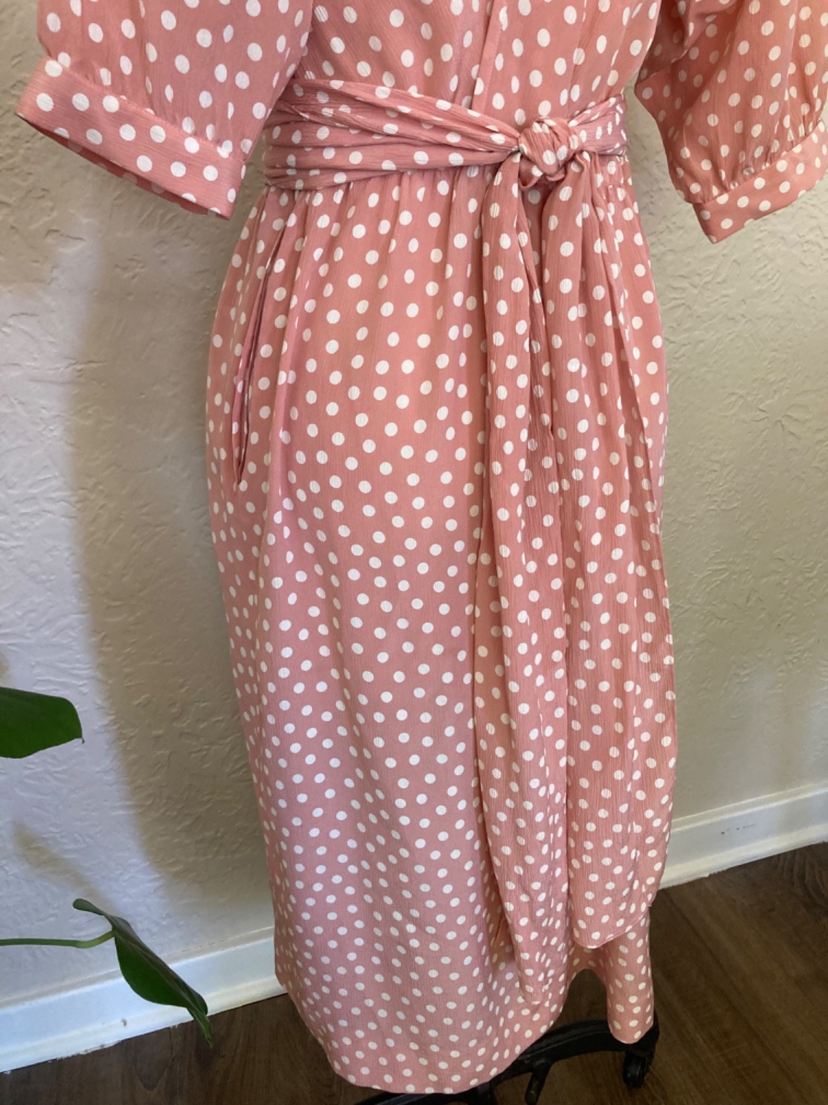 🇫🇷Vtg Yves Saint Laurent Polka Dot Pink Dress Puff Blouson Sleeve France Sz.36