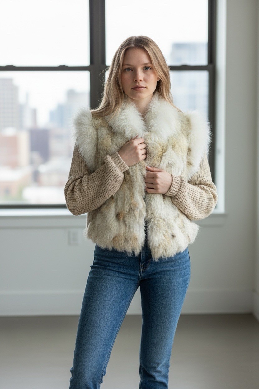 Vintage Chic Genuine Fox Fur Jacket Vest Knit Sleeves Women’s Size Small