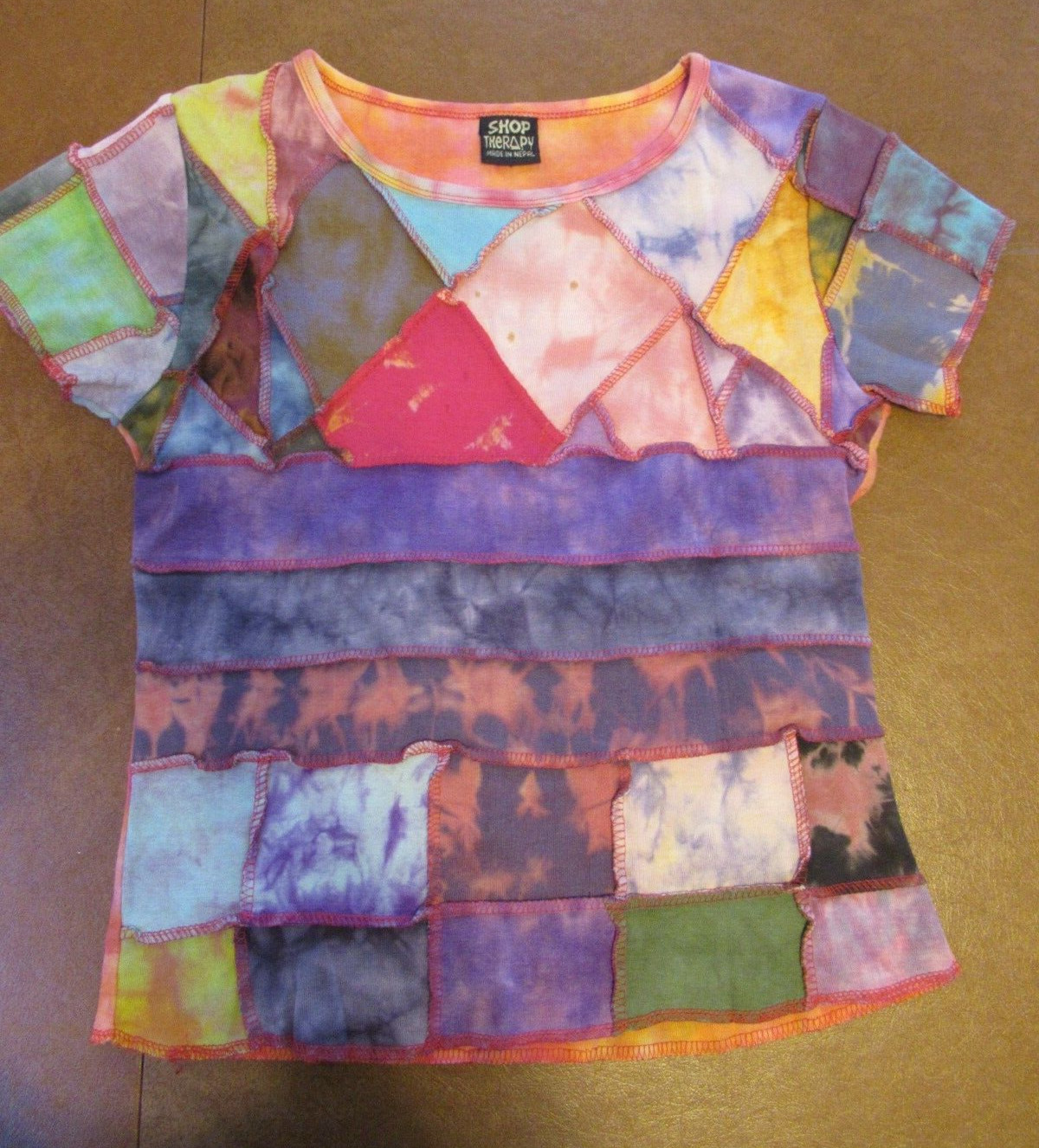 Vintage colorful patchwork T shirt Shop Therapy Nepal tie dyed size sm/med
