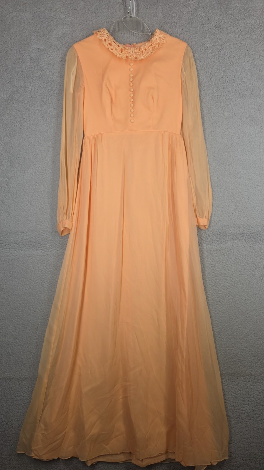 1970s Dress Size 4 Peach Silk Chiffon Long Sleeve Maxi Bridesmaid Vintage