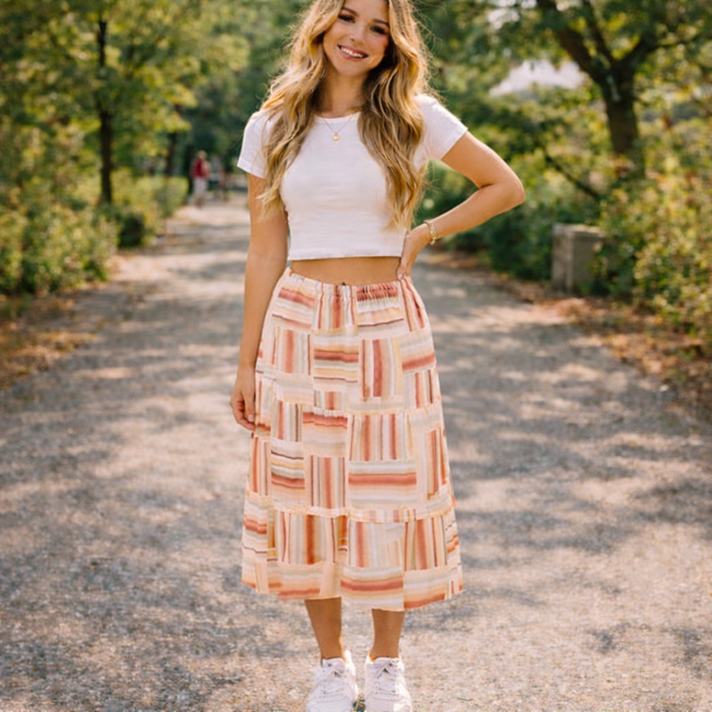 Vintage 90s BonWorth Flirty Peach Patchwork Print Midi Skirt Size M