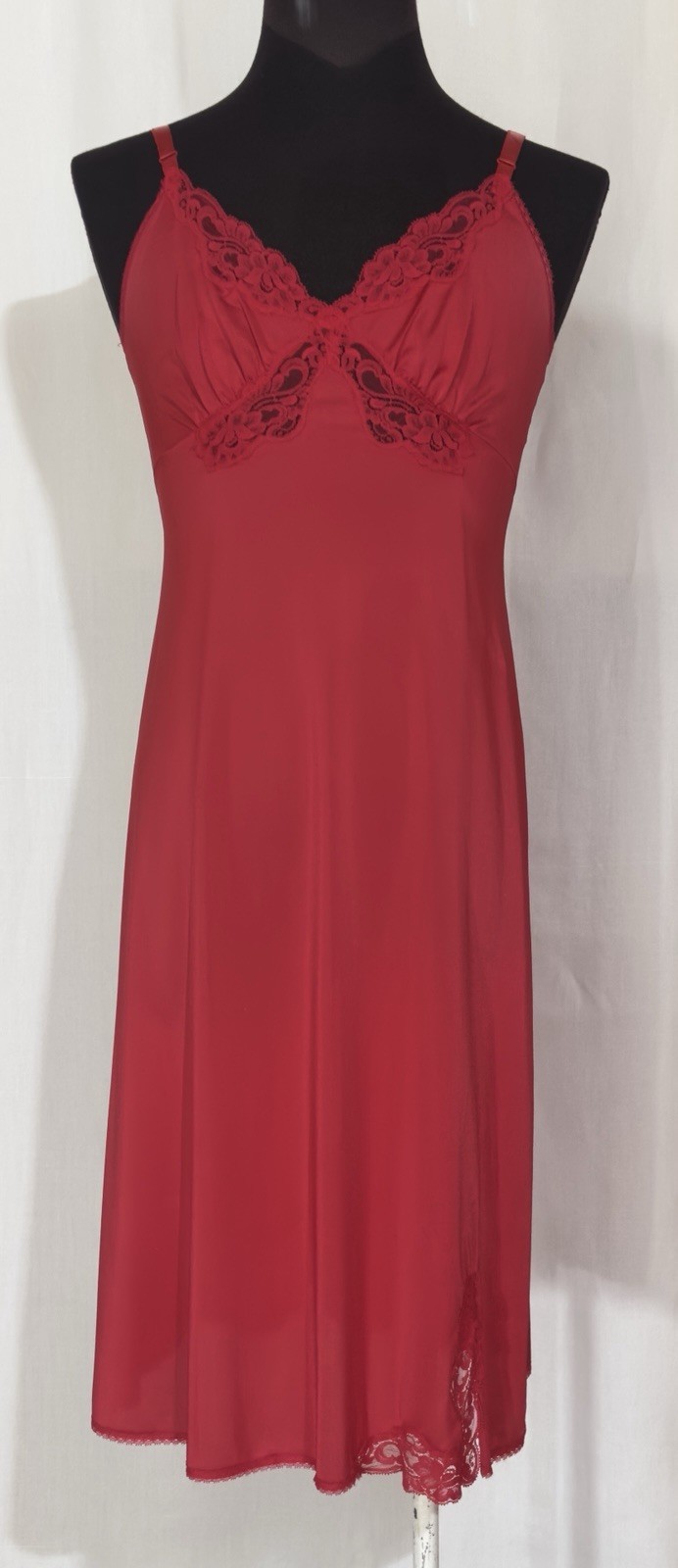Vintage Shadowline Red Full Slip Size 38S USA Nylon Lace Adjustable Straps