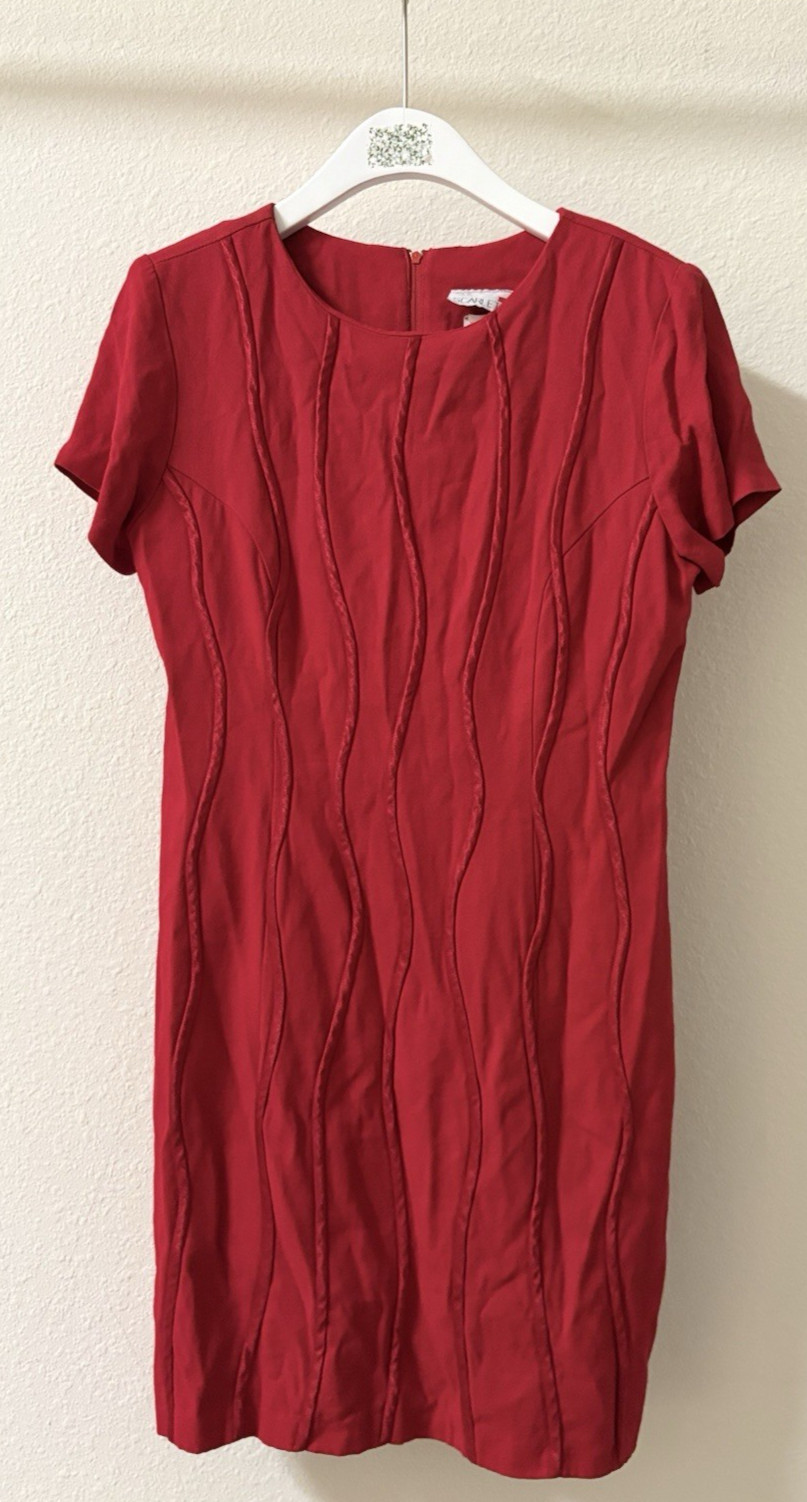 Vintage 80s Scarlett Red Wave Ribbon Pattern Dress Short Sleeve Women&rsquo;s 9 10