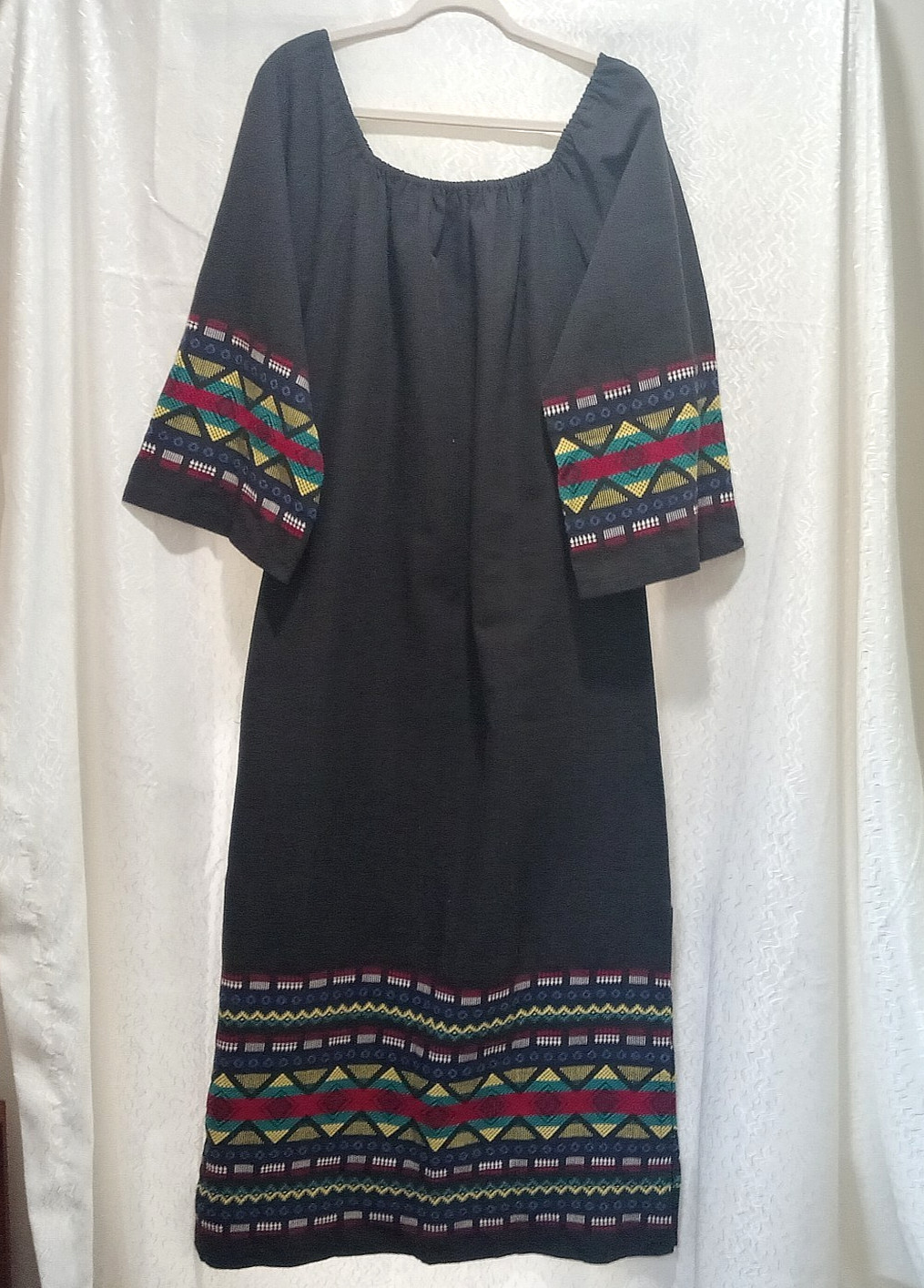 Dress Maxi Linen Folk Weaving Embroidered Dark Pheasant BOHO Off Shoulder L Bell