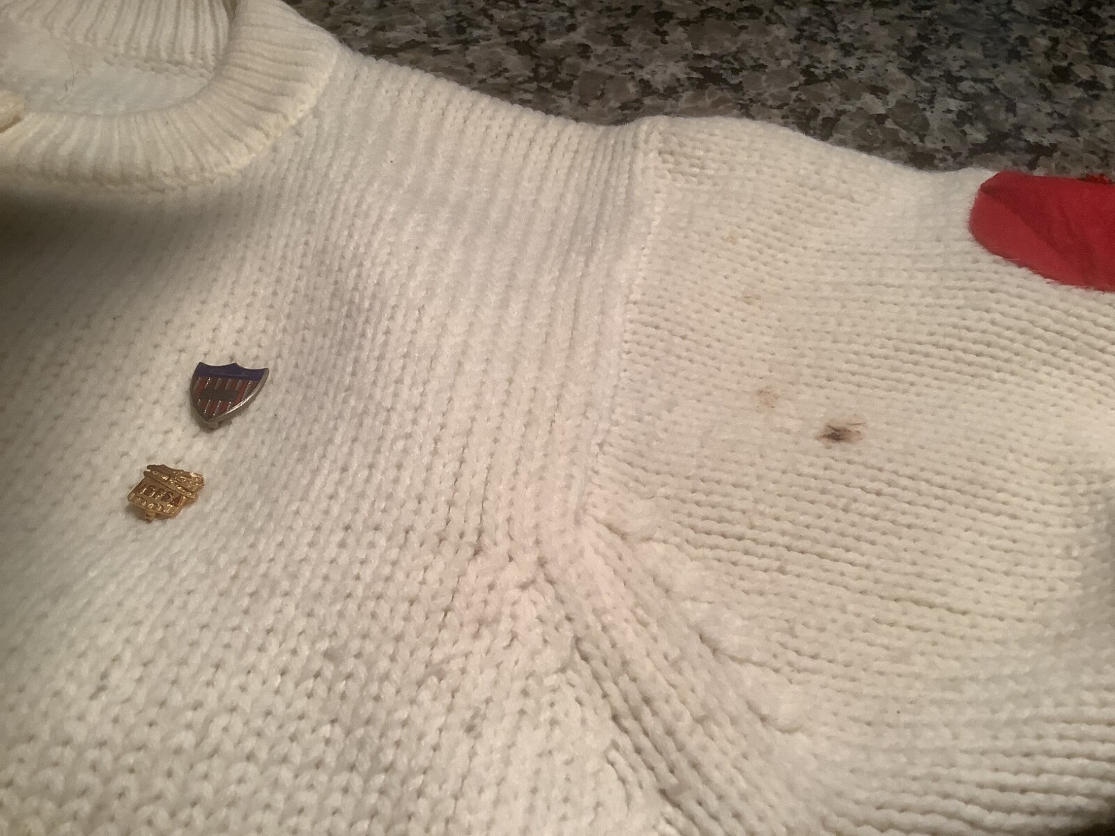 Vintage skating sweater, with old patches and pins! 19 inches pit to pit! COOL!