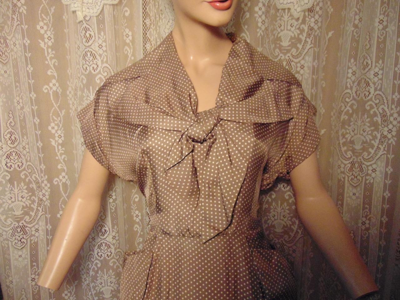VTG 50s Heim Actualite (Jacques Heim) France Brown Silk Polka Dot Dress 29W