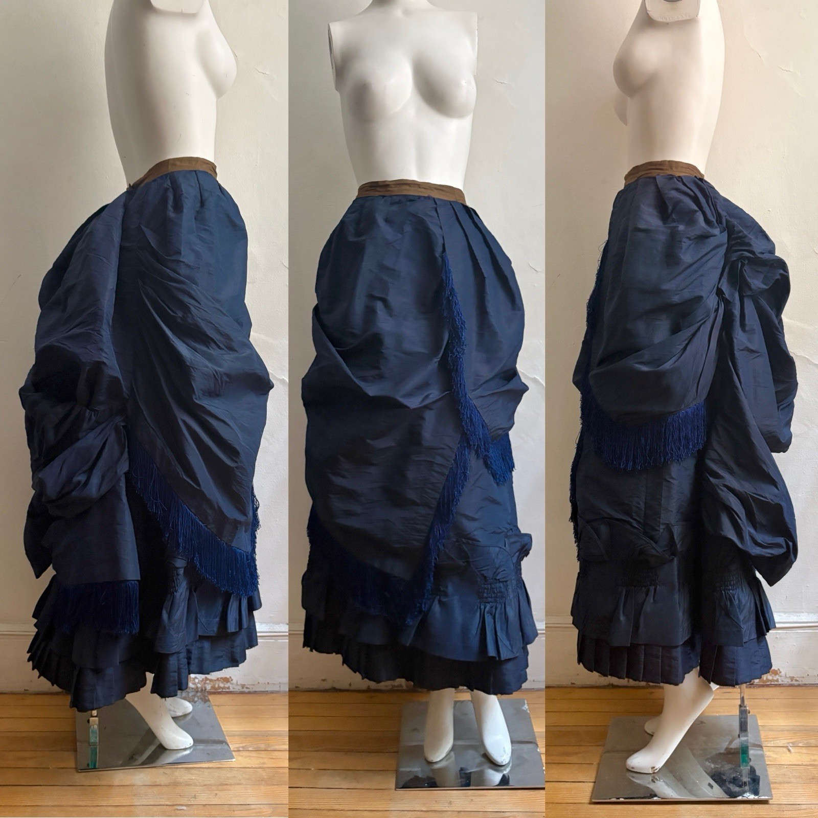 Antique Victorian Sz S Blue Silk Fringe Trim Taffeta Bustle Skirt Tiered Ruffles