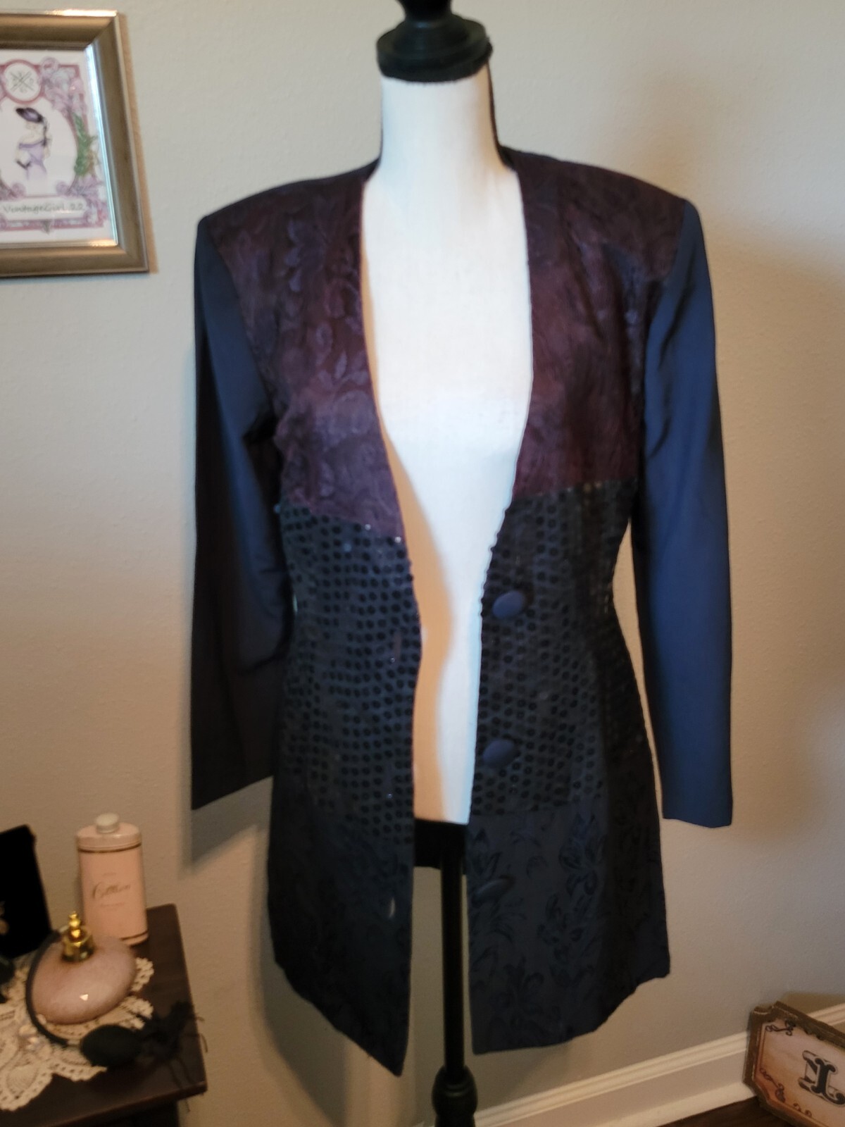 80s/90s Vintage Jacket Black Lace & Sequin Buttonup, By TARAZZIA, Size 5 Small