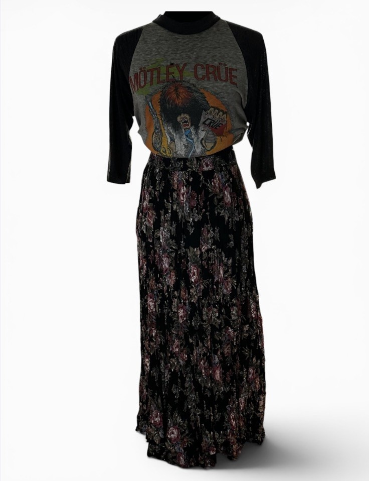 Vintage 90’s Neo Nostalgia Black Floral Crinkle Maxi Skirt. Medium. Bohemian.