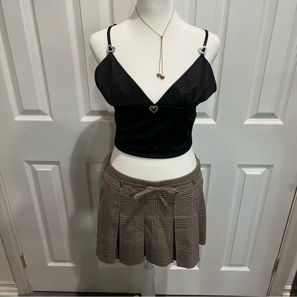 Forever 21 Black Satin Y2K Heart Rhinestone Cami Top (Size L)
