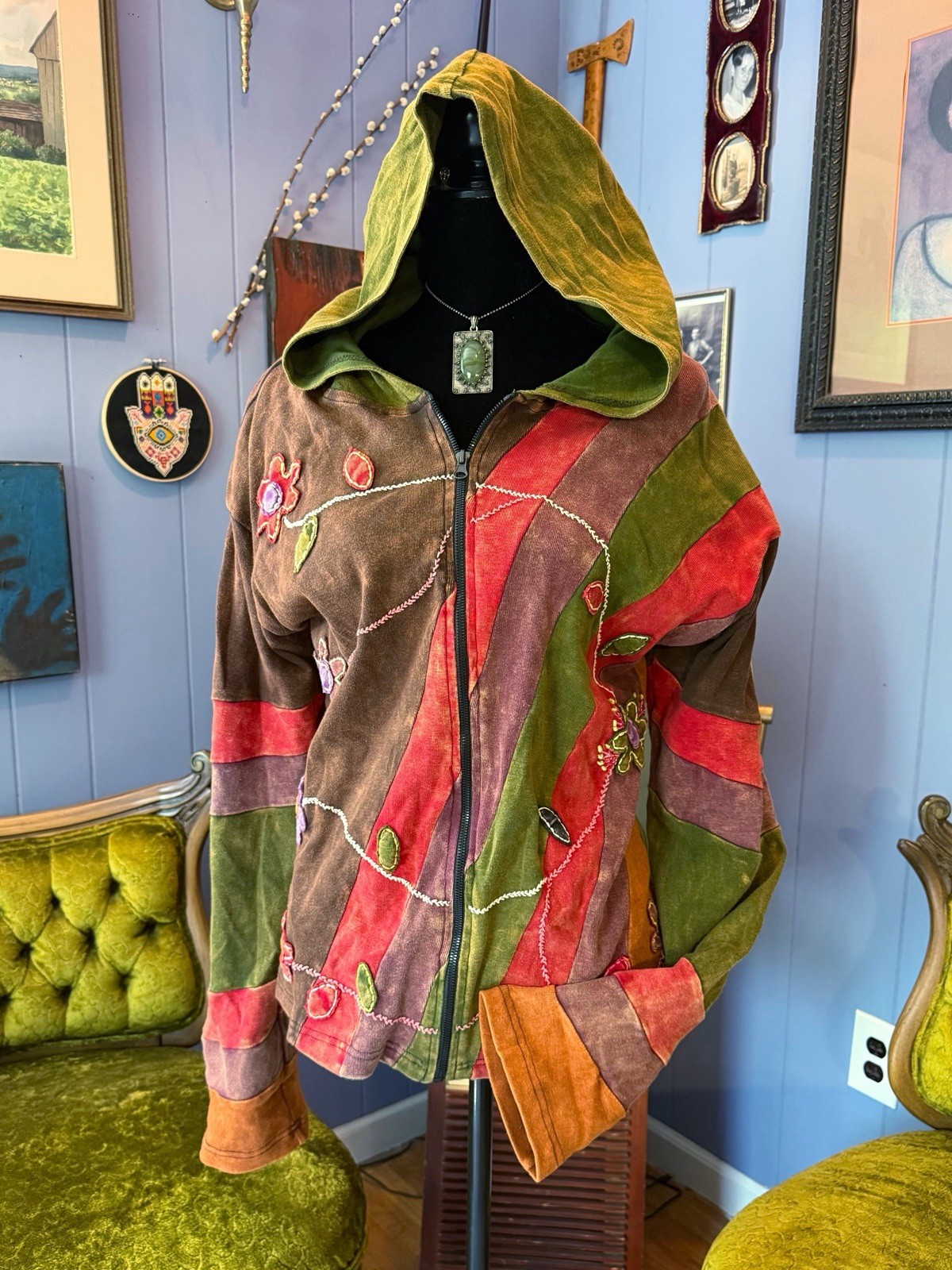 Vintage Rosing International Nepal Boho Hippie Fairy Goblincore Patchwork Hoodie