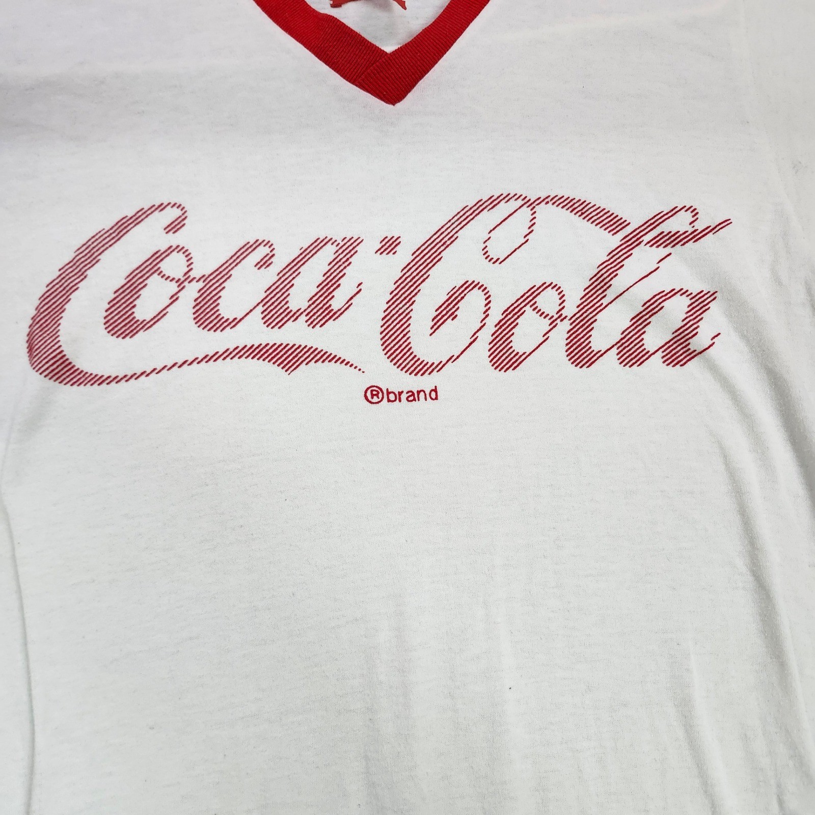 Vintage Coca-Cola Ringer Nightgown White Red V-Neck Sleep Shirt 80s USA Small