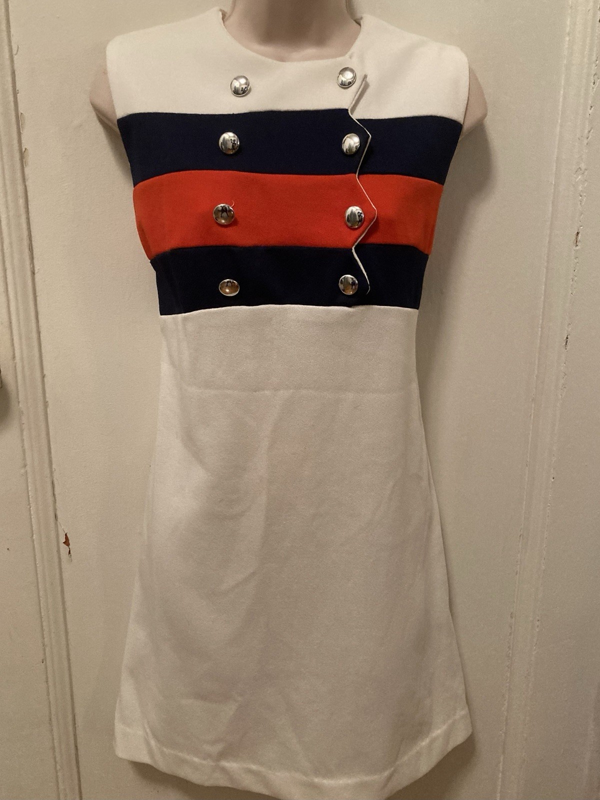 Vintage 1960s 70s Mod Suedehead Scooter Orange White Stripe Zig Zag Dress M/L