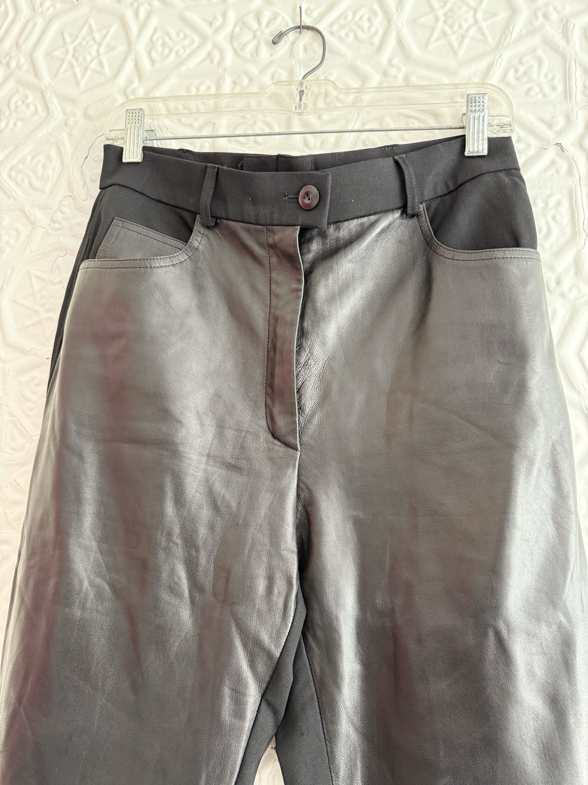 vintage Escada lamb nappa Leather & wool Pants Black slim Trouser 1990s 2000s