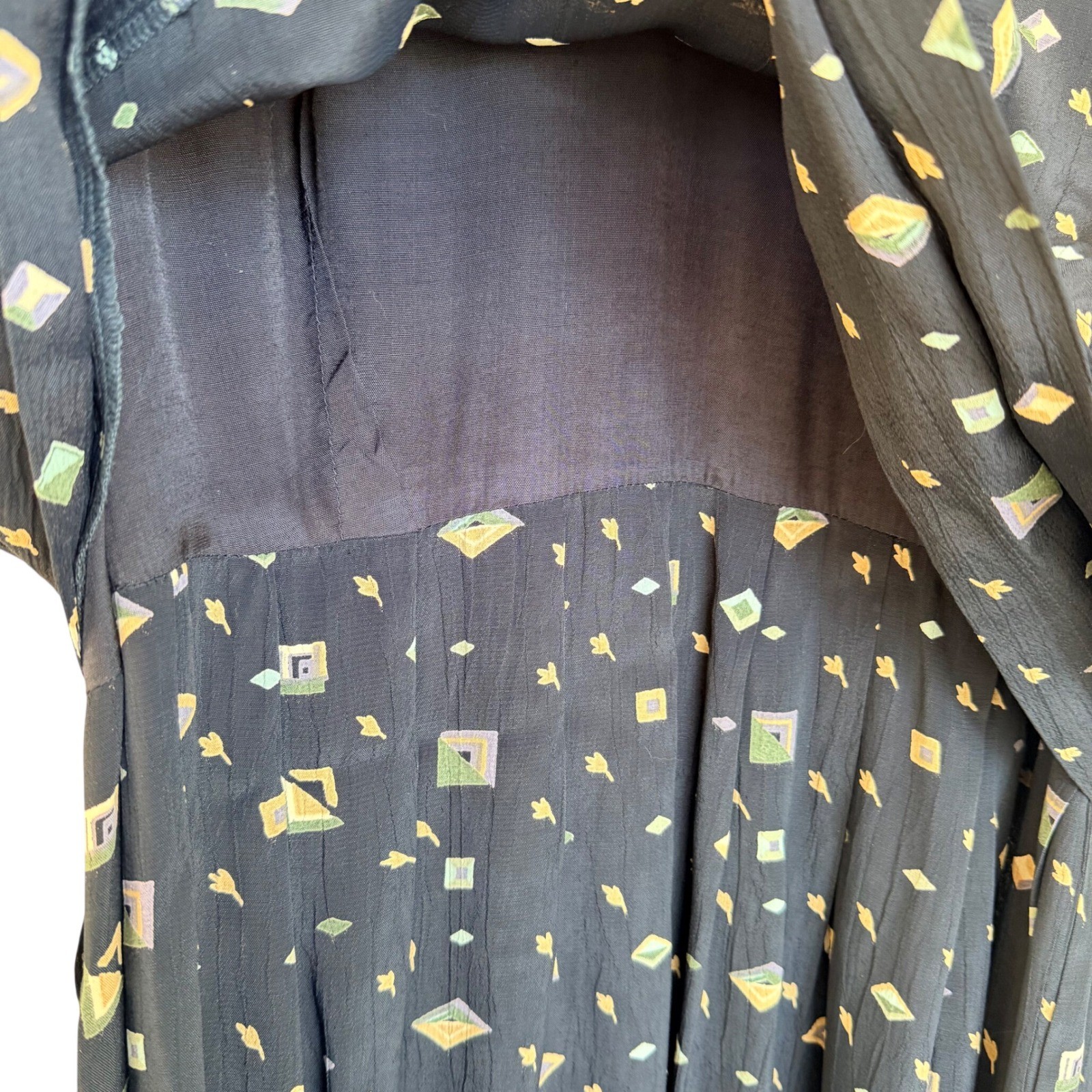 Karin Stevens Navy Blue Geometric Print Midi Dress Lace Collar Beaded Vintage 14